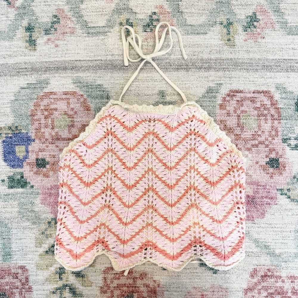 Freshman 1996 Crochet Chevron Halter Top Small Open Back Boho Hippie Indie Beach